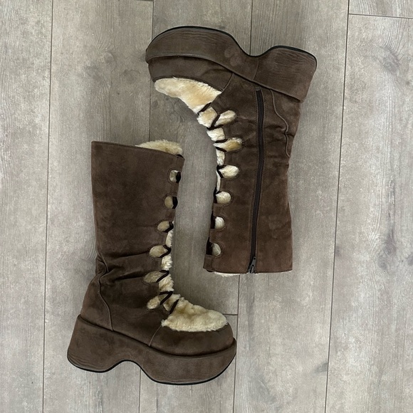 Gorgeous Vintage Suede Platform Furry Lace Up Winter Boots EUC size 9.5 - Picture 11 of 15